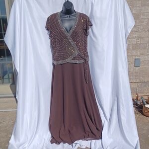 J Kara Women's Beaded Flutter Sleeve long maxi Dress sz 10, Rich Brown formal